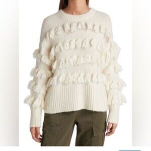 Cinq a Sept Womens Ivory Merino Wool Tassel Crewneck Sweater Shirt large